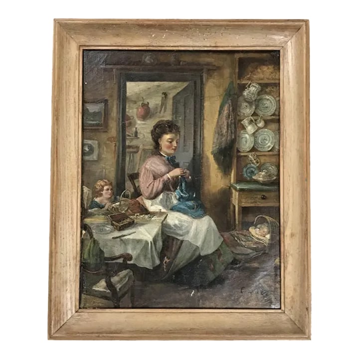 Primitive Oil Painting Domestic Scene, Early 19th Century Signed: Wonderful naive oil painting of a mother sewing in a kitchen, with a child and baby nearby. Fabulous muted colors. Two repairs, one small tear. The simplicity of the image is matched by the color of