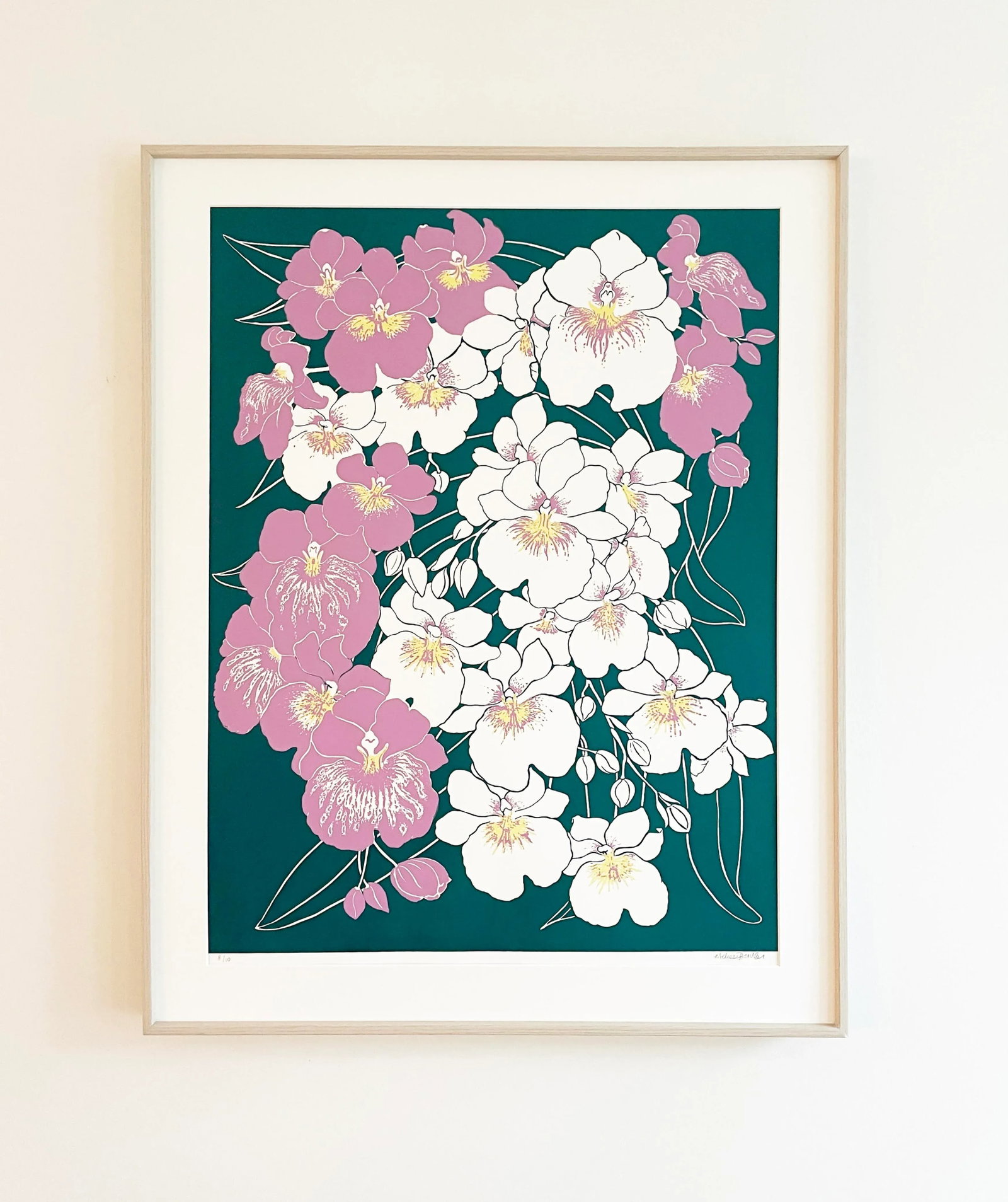 "Orchids Cascade" 2023, 22" X 28" Framed Original Art Print, Forest Green and Mauve - 2