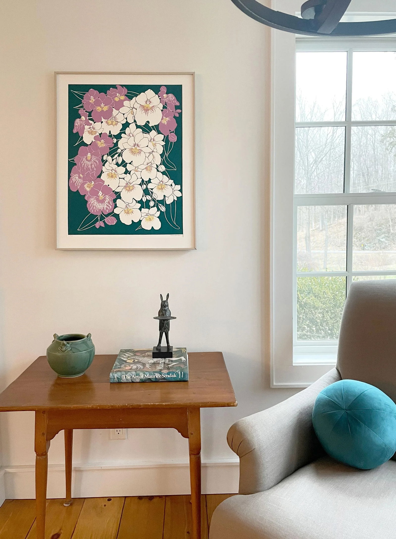 "Orchids Cascade" 2023, 22" X 28" Framed Original Art Print, Forest Green and Mauve - 3