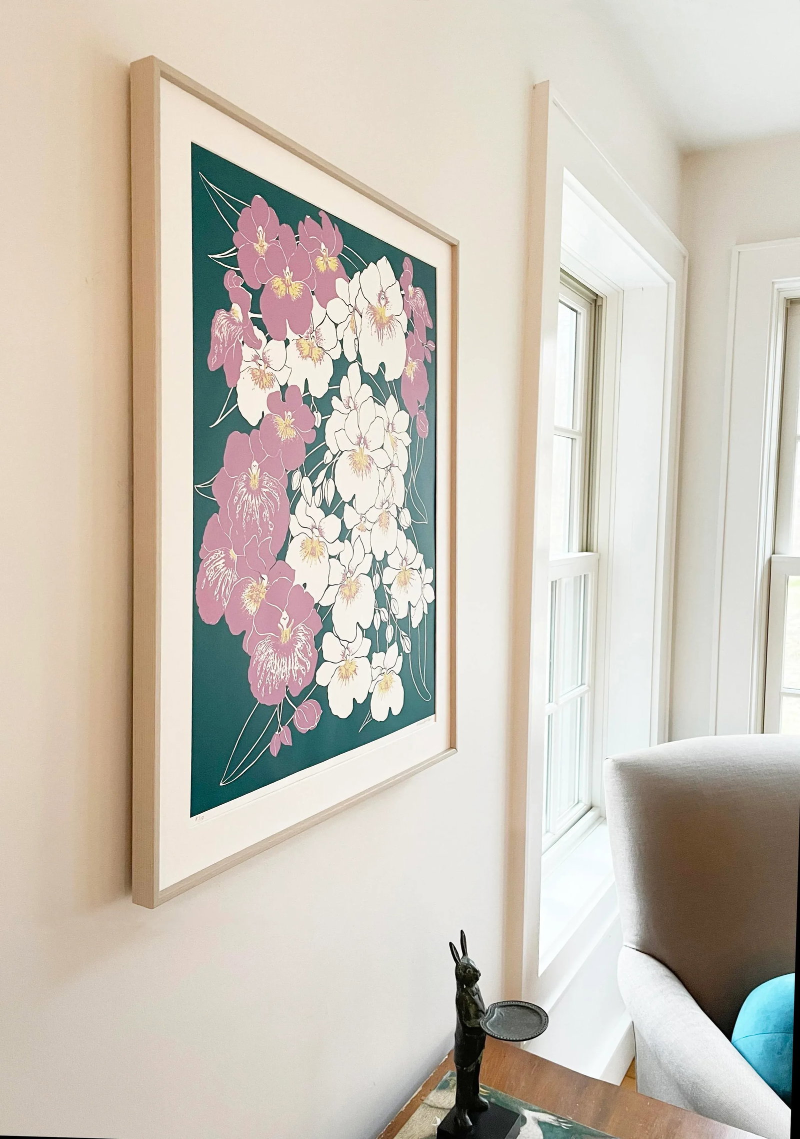 "Orchids Cascade" 2023, 22" X 28" Framed Original Art Print, Forest Green and Mauve - 4