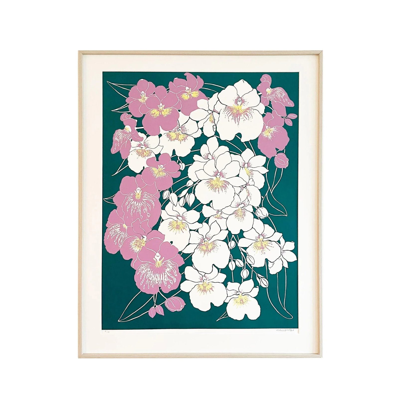 "Orchids Cascade" 2023, 22" X 28" Framed Original Art Print, Forest Green and Mauve - 5