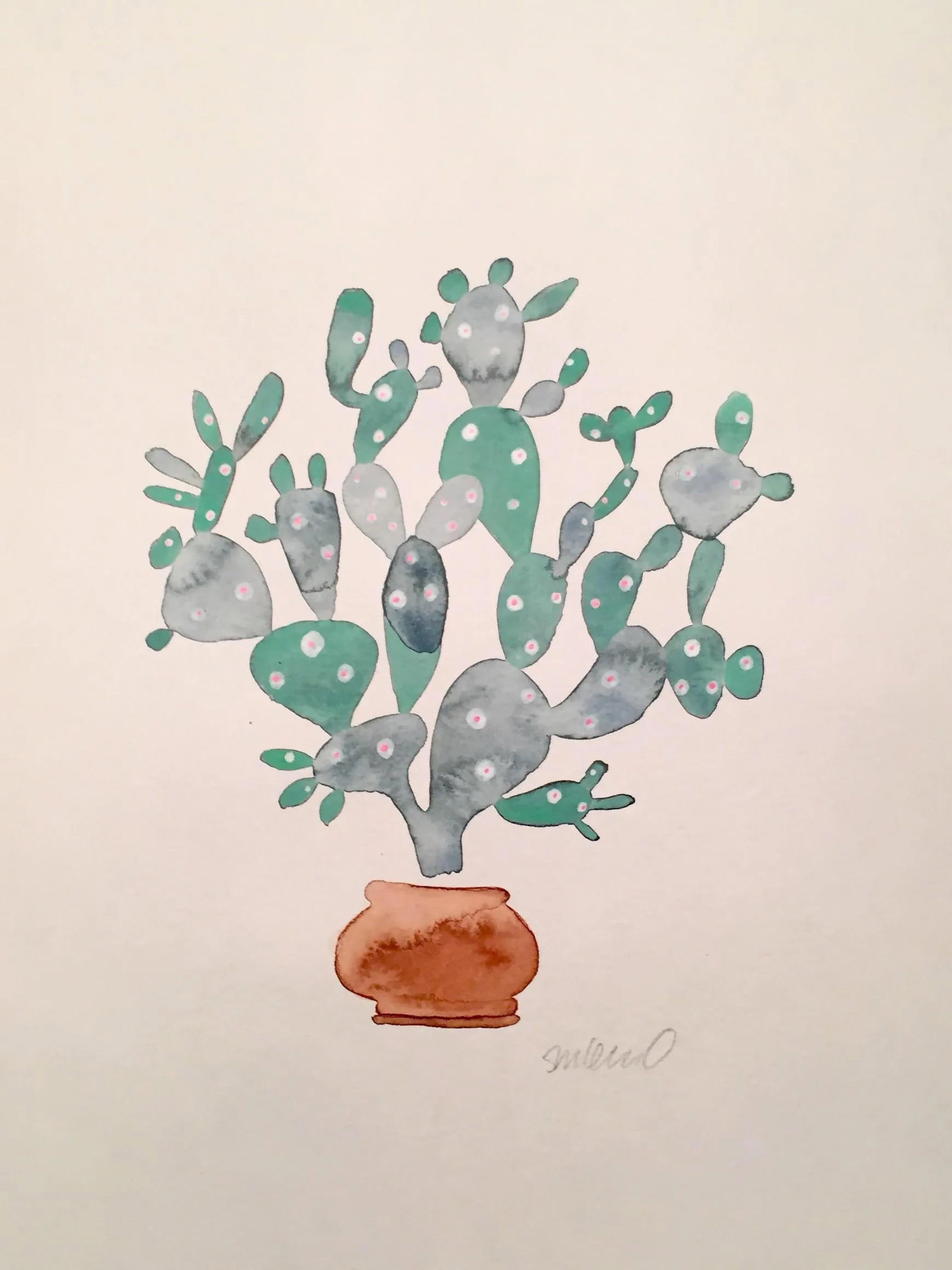 Contemporary Sage Cactus Watercolor Painting: Original watercolor painting of the best cactus for Thanksgiving stuffing... I think? Condition: Imperfections: No Imperfections Condition Notes: Excellent - Minor wear consistent with age and