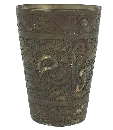 1930s Moroccan Lassi Cup: 1930's Moroccan brass lassi cup with hand-engraved motif. No maker's mark. Tarnished. Condition: Alterations: Original Condition Unaltered Imperfections: Some Imperfections Condition Notes: Excellent