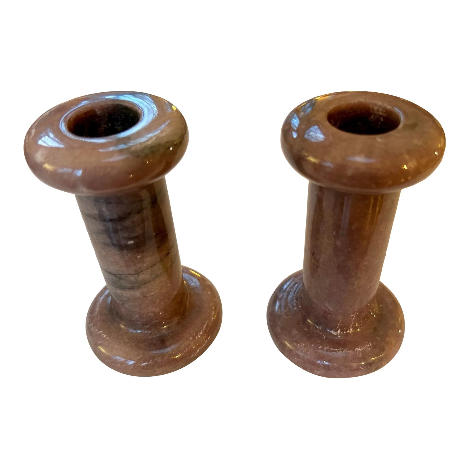 1980s Pink Granite Candlesticks - a Pair: A petite pair of pinkish-gray granite candlestick holders. These are cute and in decent shape. A few scratches but nothing major. Condition: Alterations: Original Condition Unaltered Imperfections: