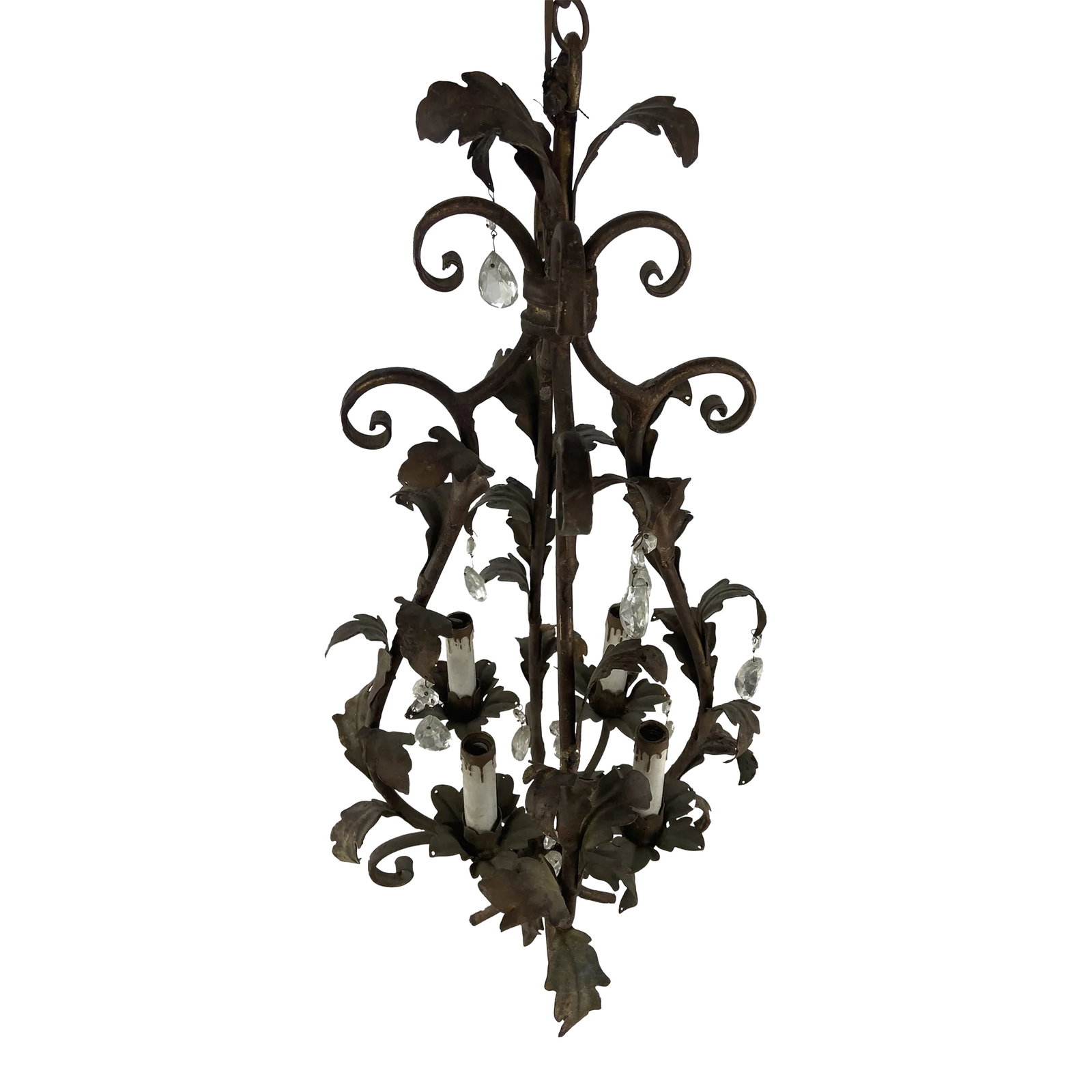 Tole and Crystal Floral Chandelier: Italian tole four light hanging light fixture with stylized leaves and crystal decorations. Condition: Alterations: Original Condition Unaltered Imperfections: Some Imperfections Condition Notes: