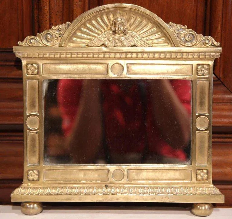 19th Century French Repousse Brass Wall Mirror With Cherub Crest - 2