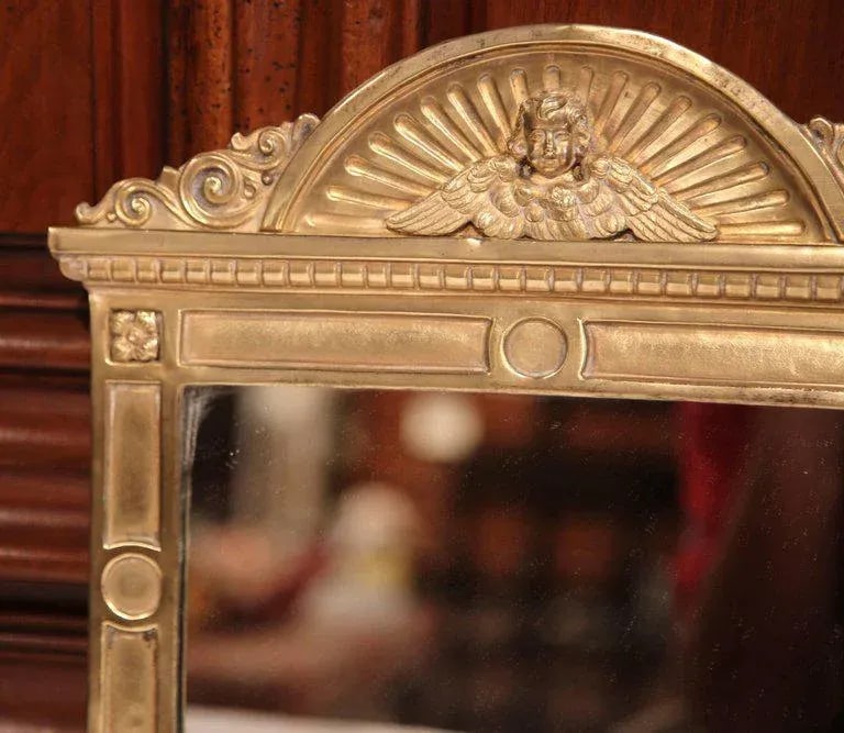 19th Century French Repousse Brass Wall Mirror With Cherub Crest - 3