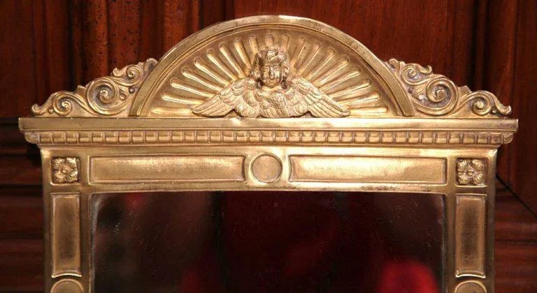 19th Century French Repousse Brass Wall Mirror With Cherub Crest - 5
