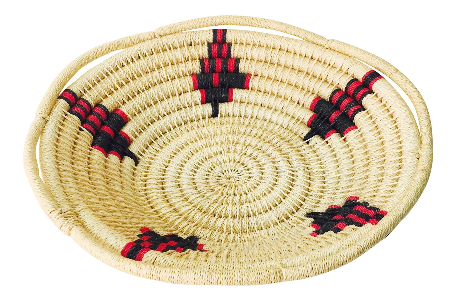 Large Vintage Southwestern Coil Basket: A large vintage southwestern basket made of thick coils with geometric designs in red and black. Perfect for storing odd and ends or for hanging on a wall. Condition: Condition Notes: Excellent -