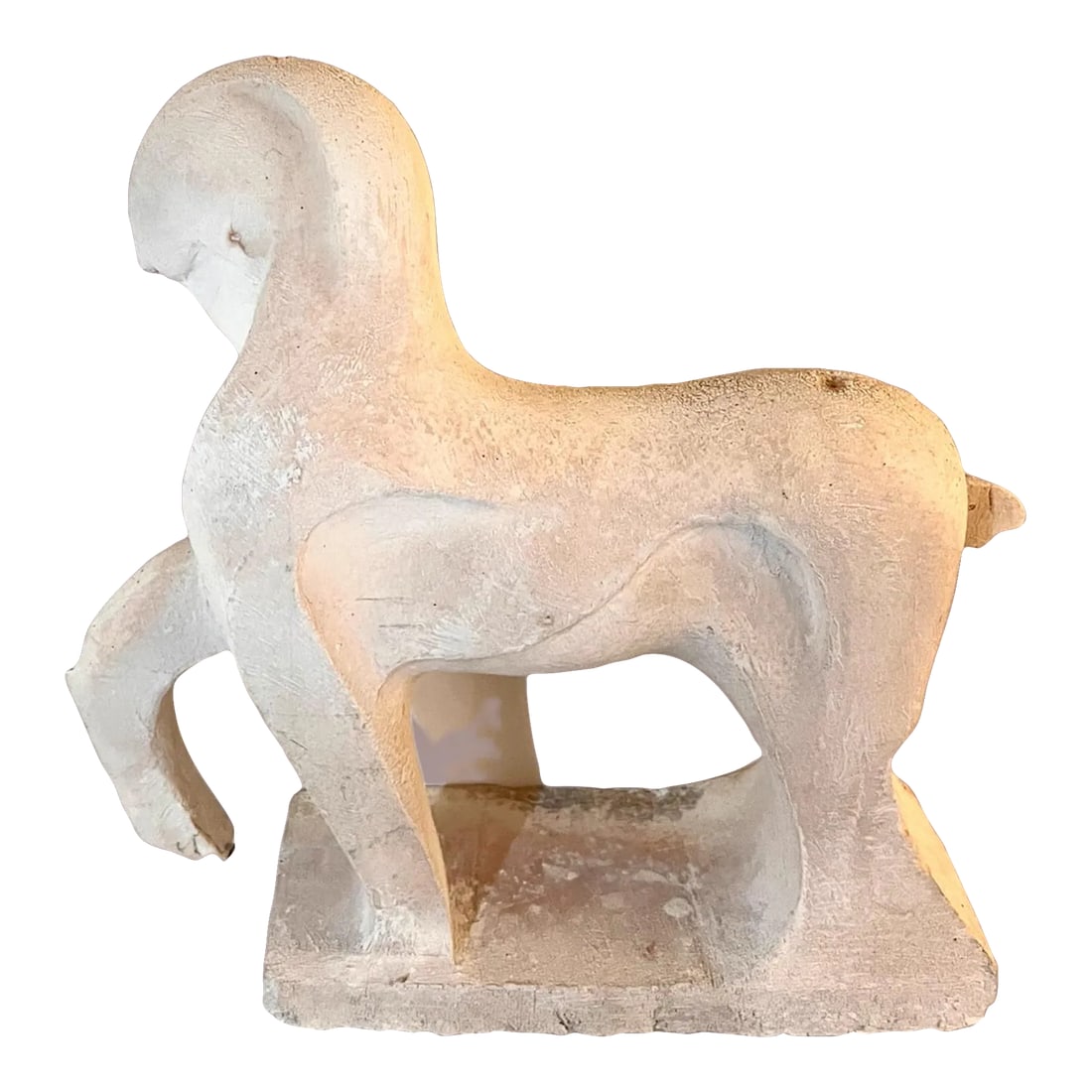 Vintage Equestrian Modernist Prancing Horse Plaster Maquette: Modernist style plaster sculpture maquette. Created as a working model for a larger version which was sculpted in Carrara marble. Marble version is shown behind the plaster maquette in one of the