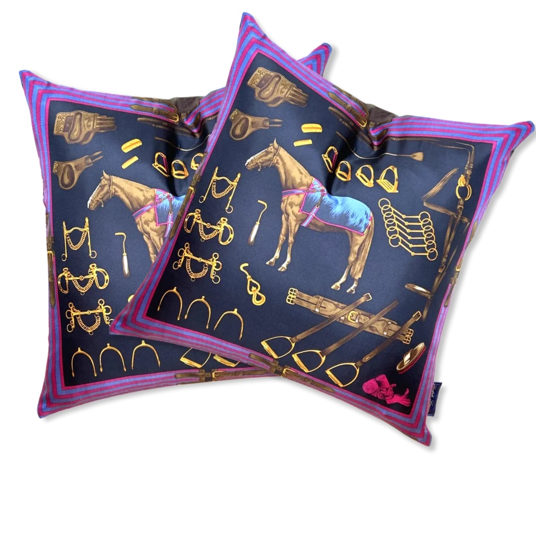 Ralph Lauren Equestrian Navy Vintage Silk Scarf Pillow 22" - 2