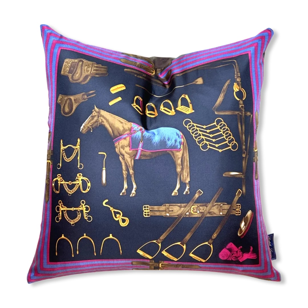 Ralph Lauren Equestrian Navy Vintage Silk Scarf Pillow 22" - 5