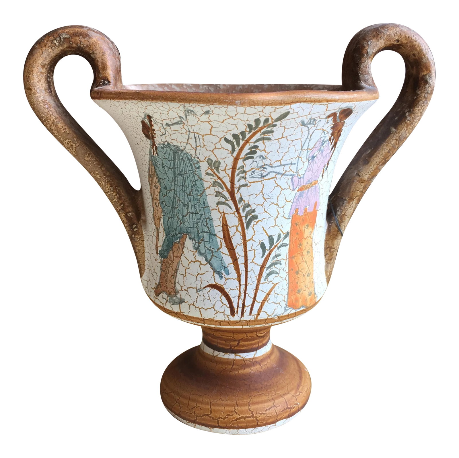 Grecian Museum Replica Art Cup: Grecian art cup vase museum replica. Young royal is playing his flute to a maiden. Condition: Condition Notes: Excellent - Minor wear consistent with age and history Materials & Techniques: