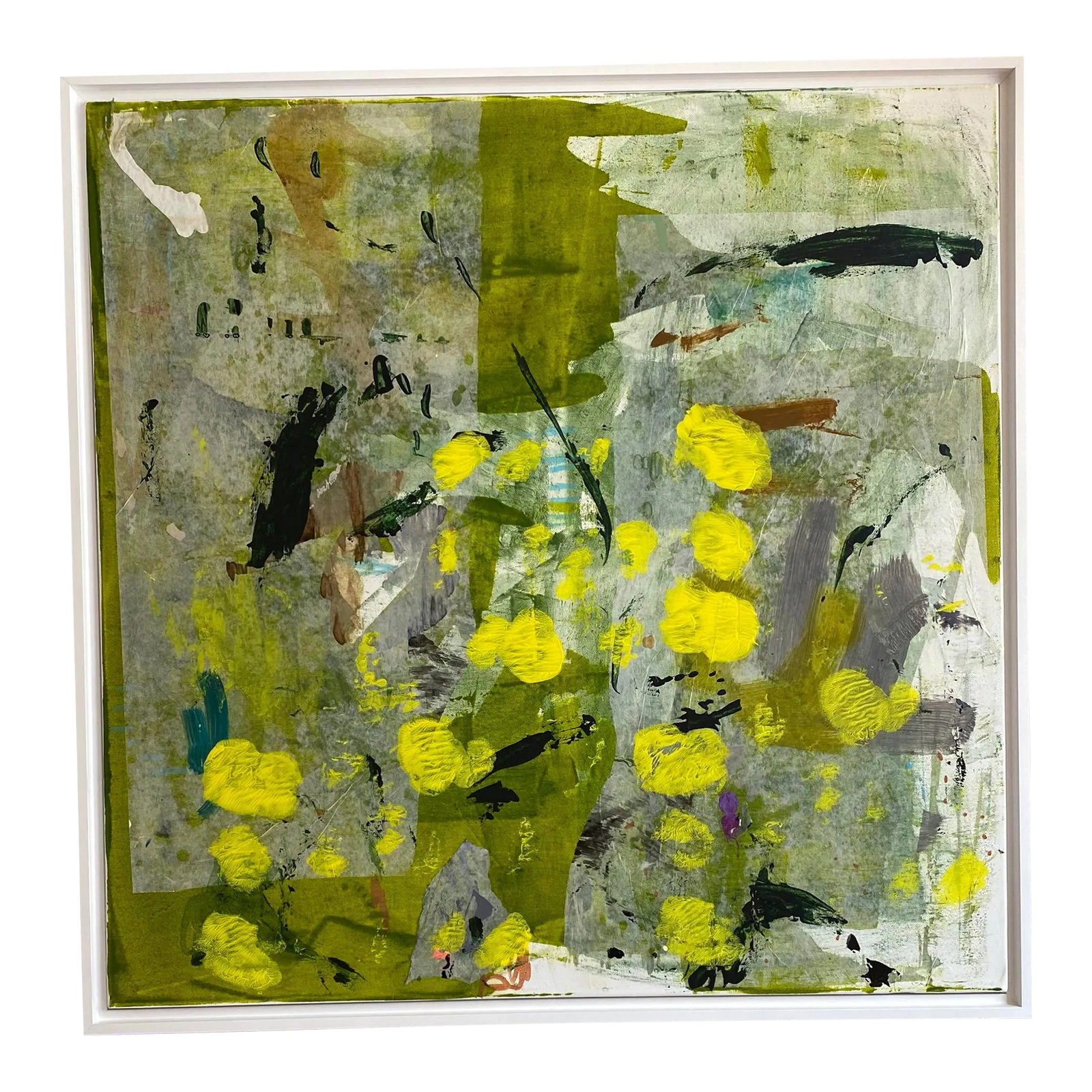 "Green Pollen" 2022 Framed Painting by Jessalin Beutler: Original painting completed by Seattle artist Jessalin Beutler in 2022. Acrylic and collage on stretched canvas, signed and dated on the back. Comes with the white floater frame and wired on the back