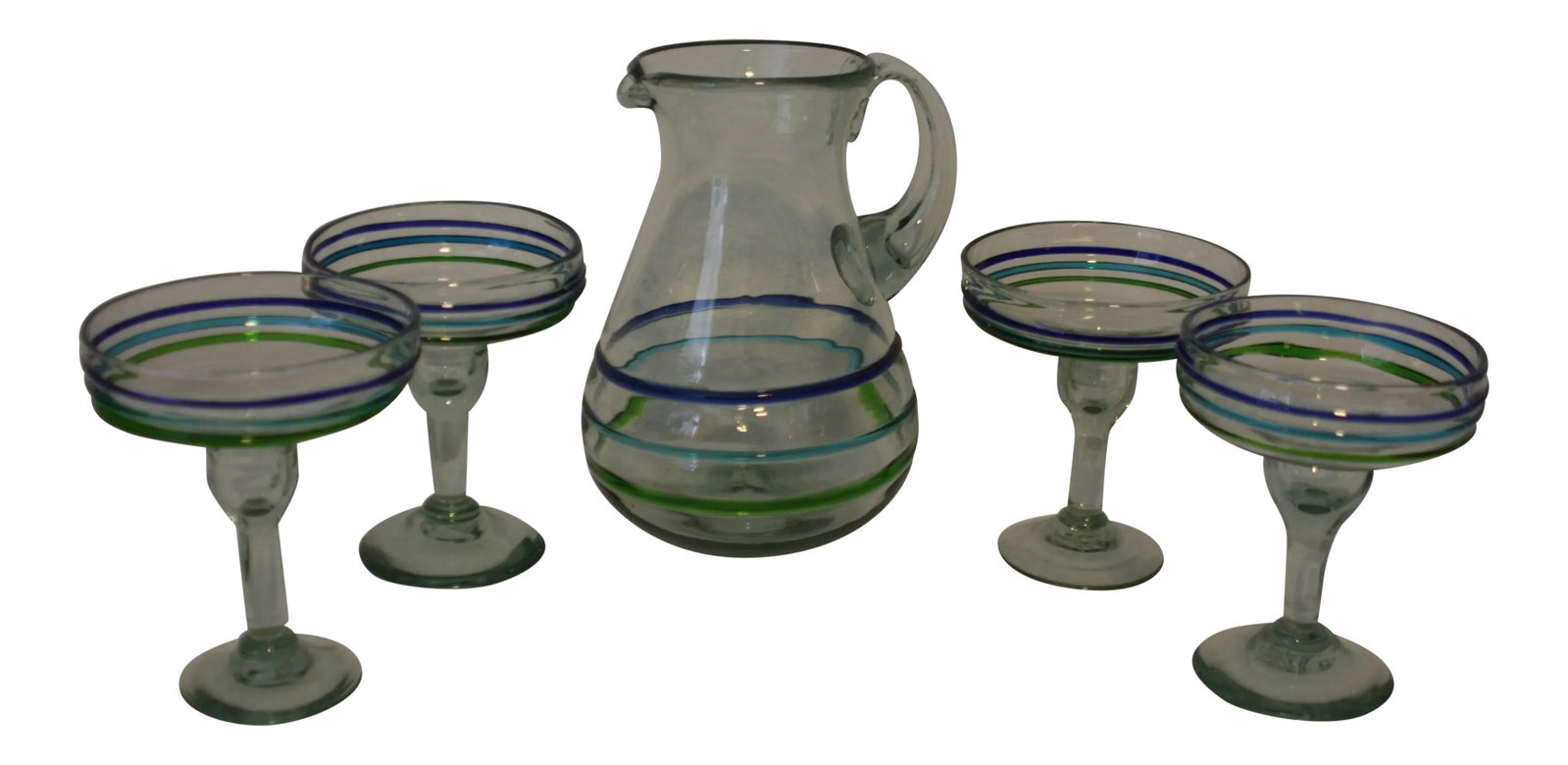Vintage Handcrafted Artisan Margarita Glasses & Pitcher 5 Piece Set Blue Accents: Mouth Blown Artisan Set Of 4 Margarita Glasses And Matching Pitcher With Striped Pattern Made In Mexico This is an exquisite set of 4 Mexican margarita glasses that have a matching pitcher. The glass