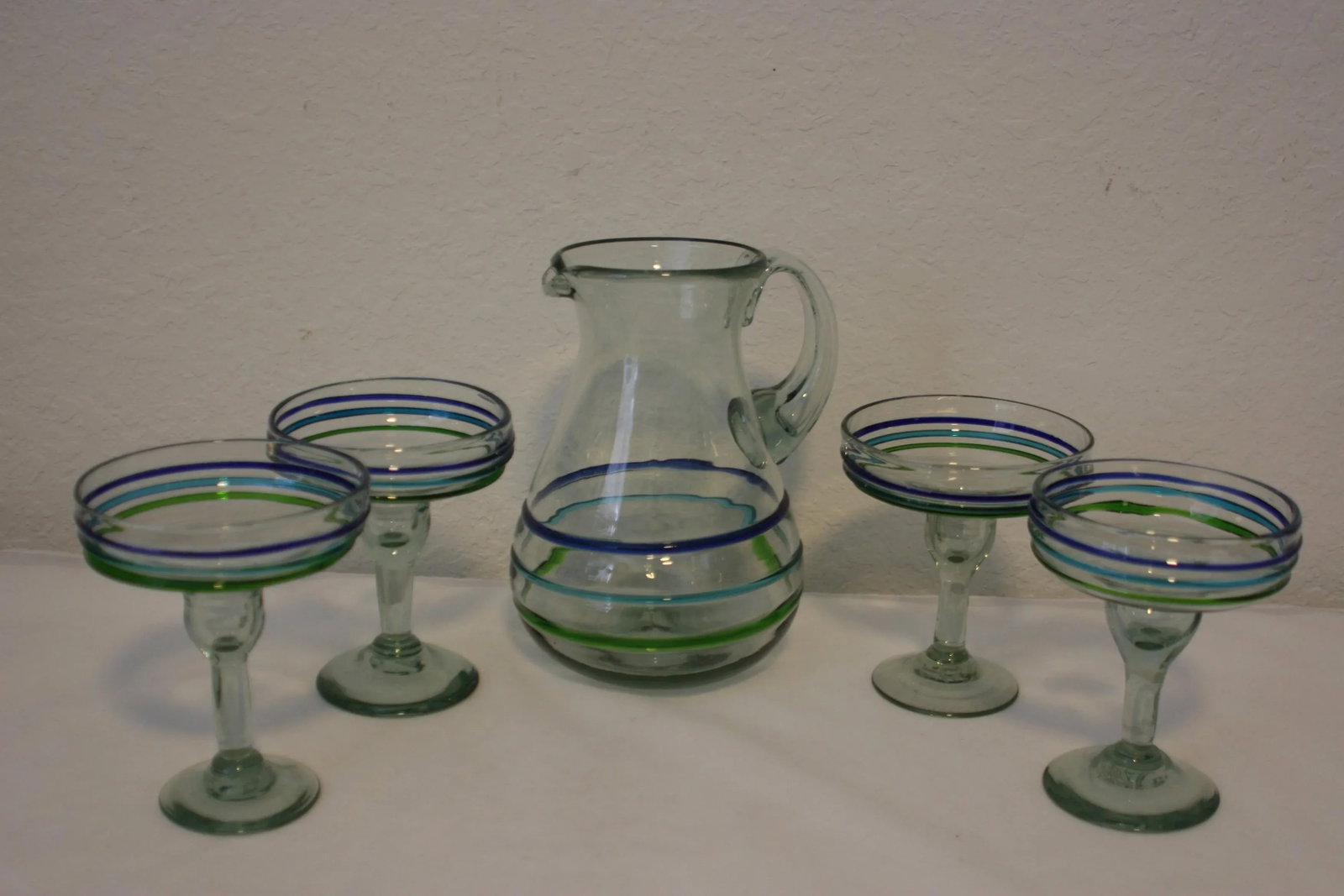 Vintage Handcrafted Artisan Margarita Glasses & Pitcher 5 Piece Set Blue Accents - 2