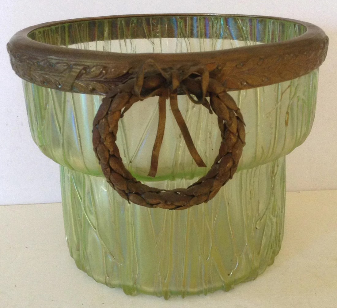 Loetz Iridescent Tree Bark Vase With Metal Wreath Collar - 2