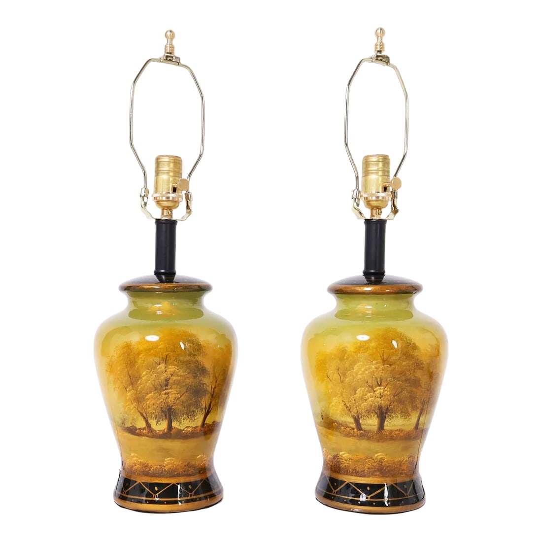 Pair of Antique Late 19th Century English Reverse Painted Table Lamps: Impressive pair of antique English glass table lamps once vases, decorated with a reverse painting technique in a lovely pastoral landscape. Condition: Alterations: Unknown Imperfections: Some