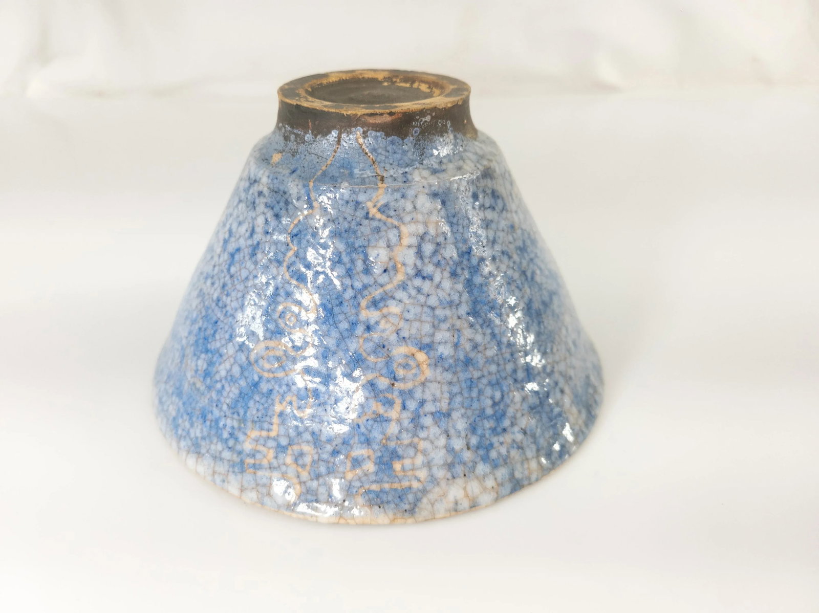 Mid-Century Modern Art Pottery Blue Crackle Bowl, Signed - 6