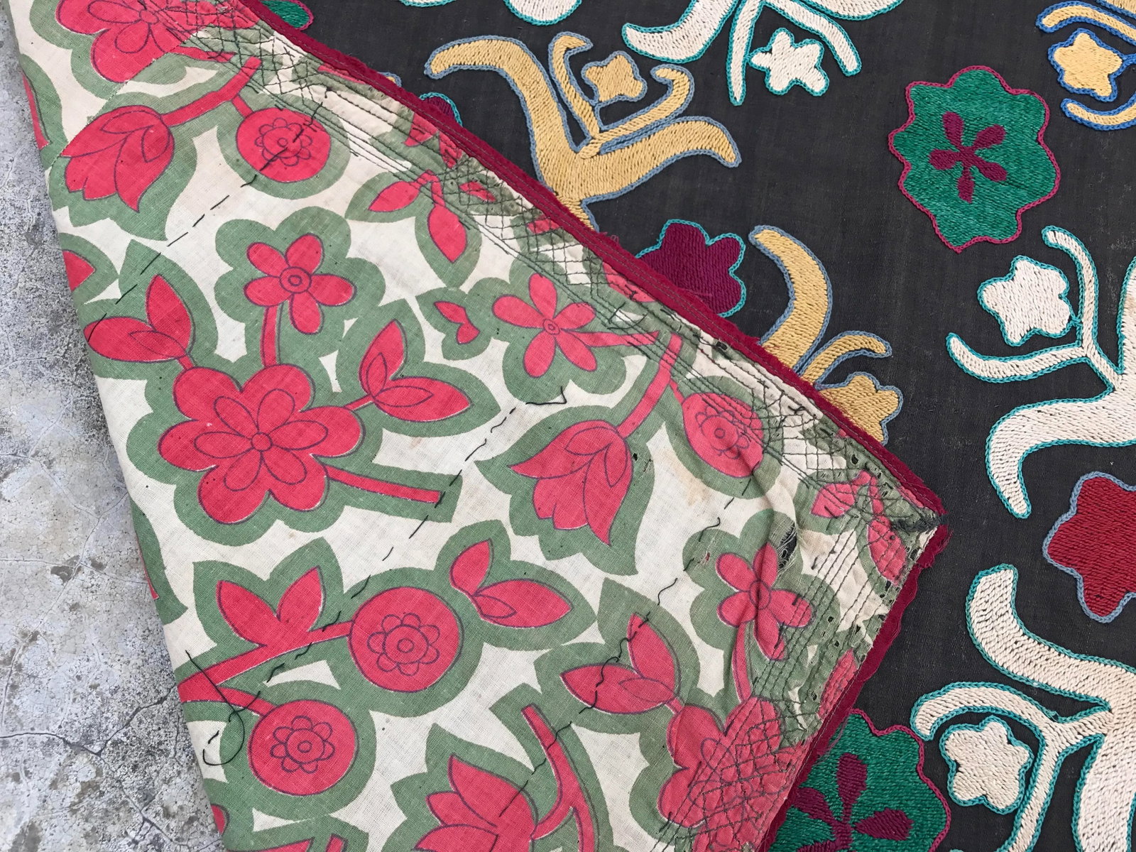 Dark Gray Floral Pattern Vintage Suzani Textile - 6