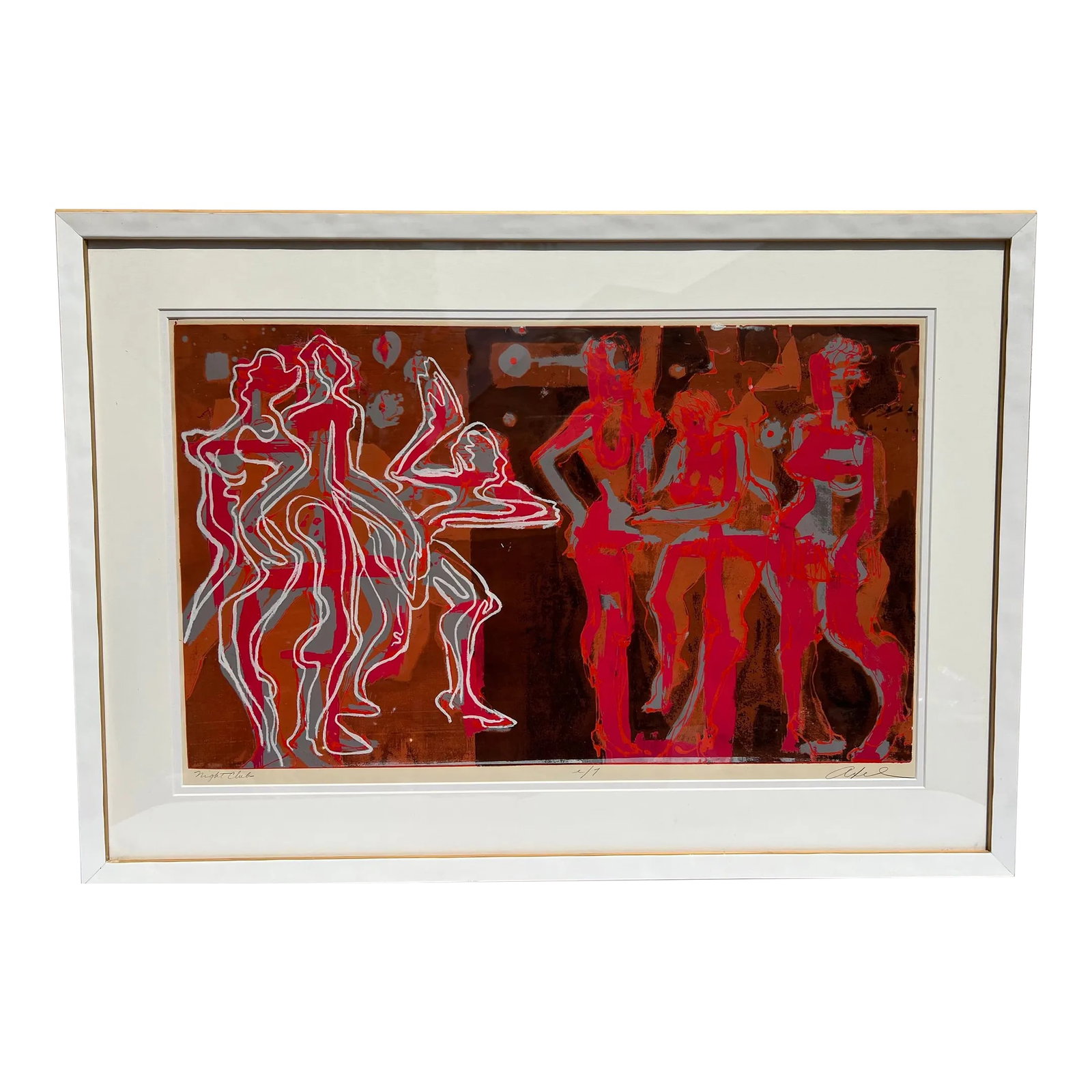 Vintage 1970's Pop Art Abstract Figurative Lithograph "Night Club" Signed and Numbered: Vintage Pop Art lithograph in vibrant colors of neon pink, fuchsia, coral, black, brown, and white. This piece is called " Nightclub". It's signed "Axel", and numbered 1/7. It looks like 1970's,