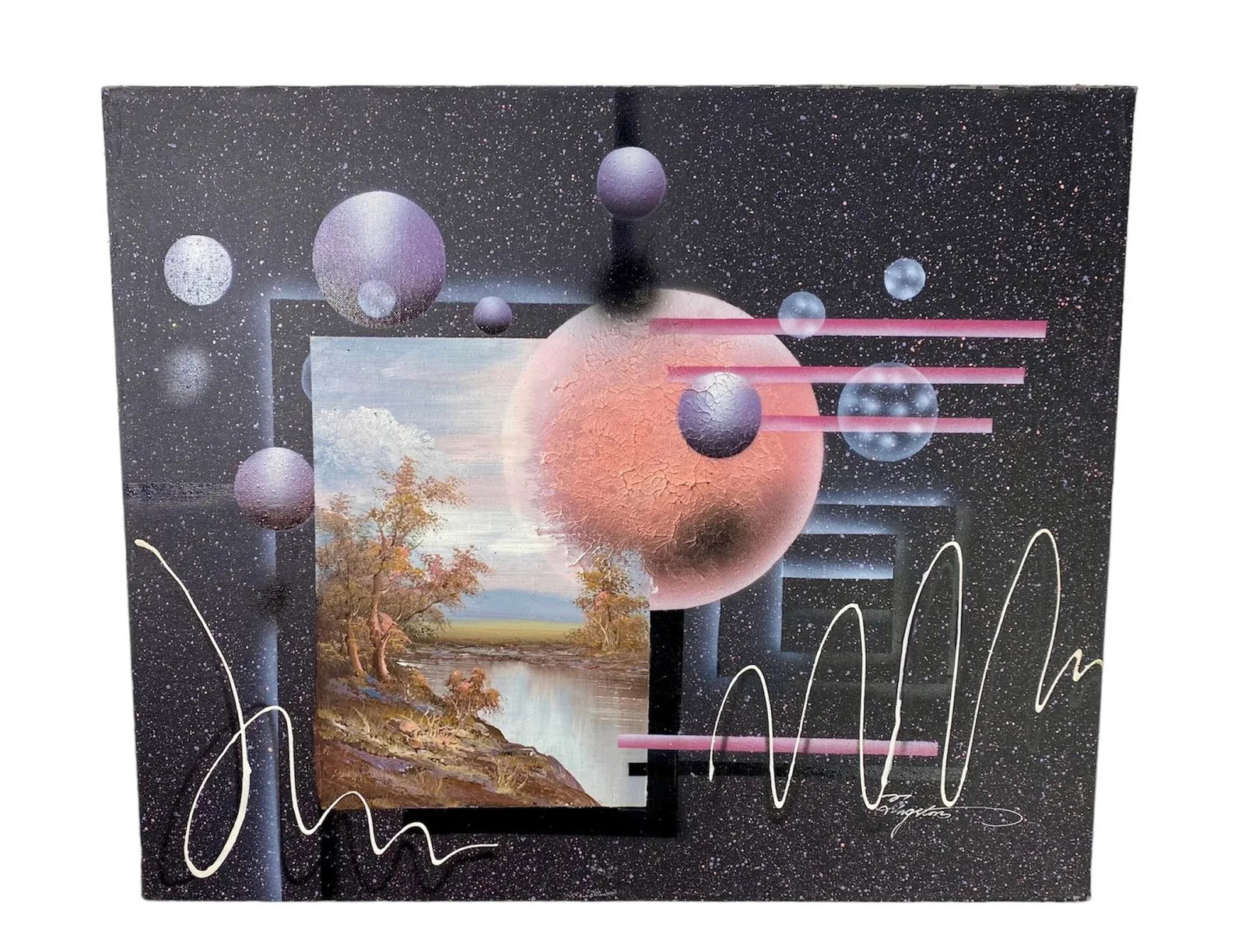 1980s Memphis Style Postmodern Sci-Fi Signed Acrylic Painting on Canvas in the Style of J Kugler - 11