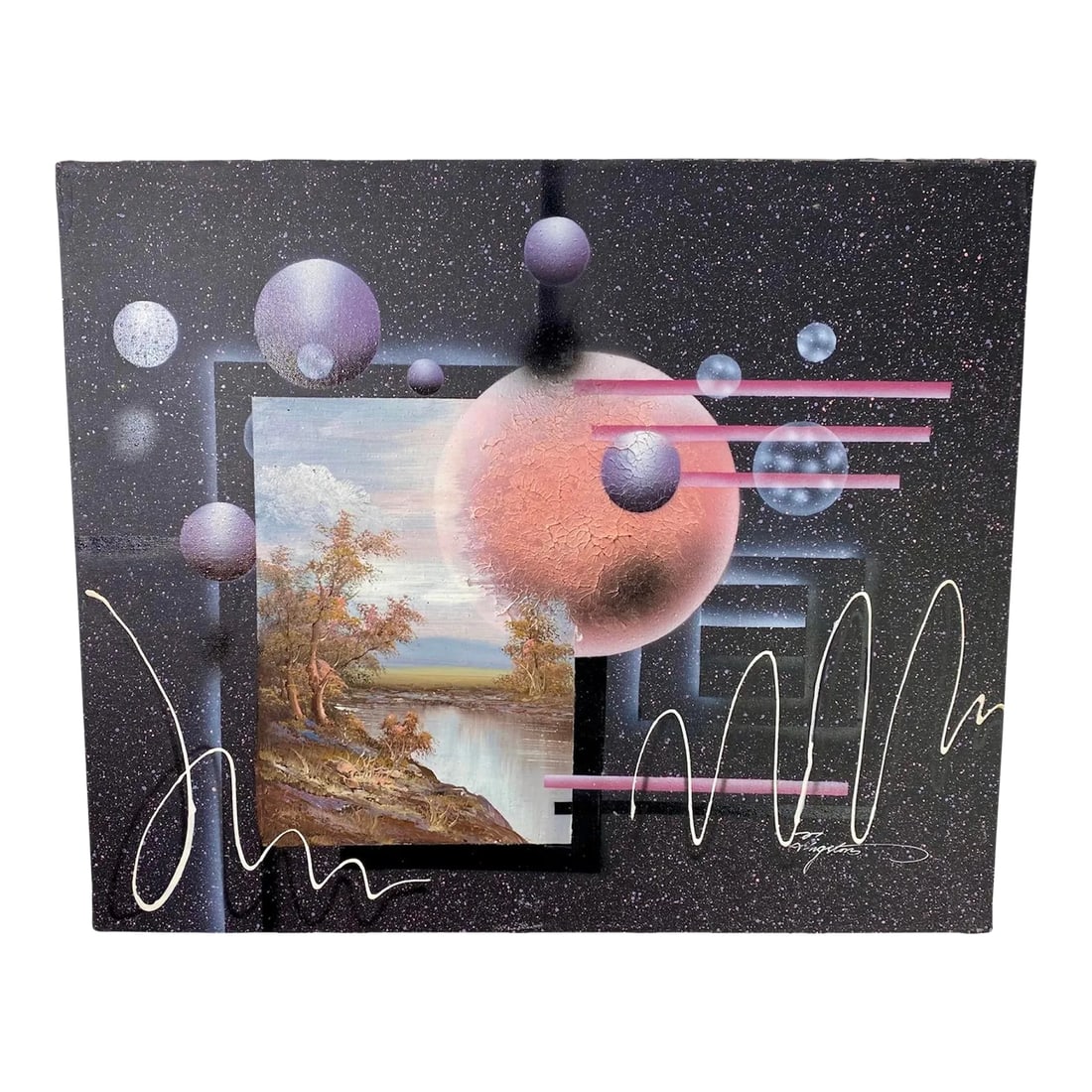 1980s Memphis Style Postmodern Sci-Fi Signed Acrylic Painting on Canvas in the Style of J Kugler: Fabulous vintage c.1980's original acrylic on canvas painting signed by artist! It depicts an array of floating spheres and geometric objects in an almost dreamlike state over the landscape. One