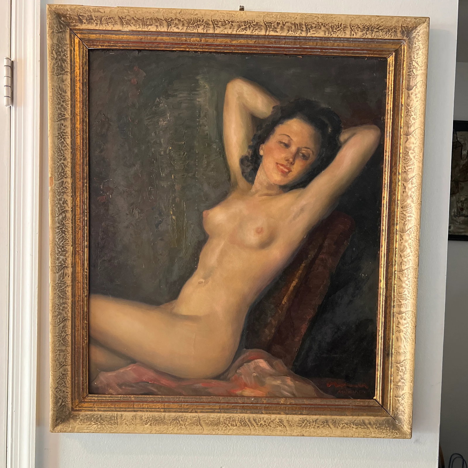 1900 German School Oil Painting on Board of a Reclining Female Nude, Framed and Signed - 10