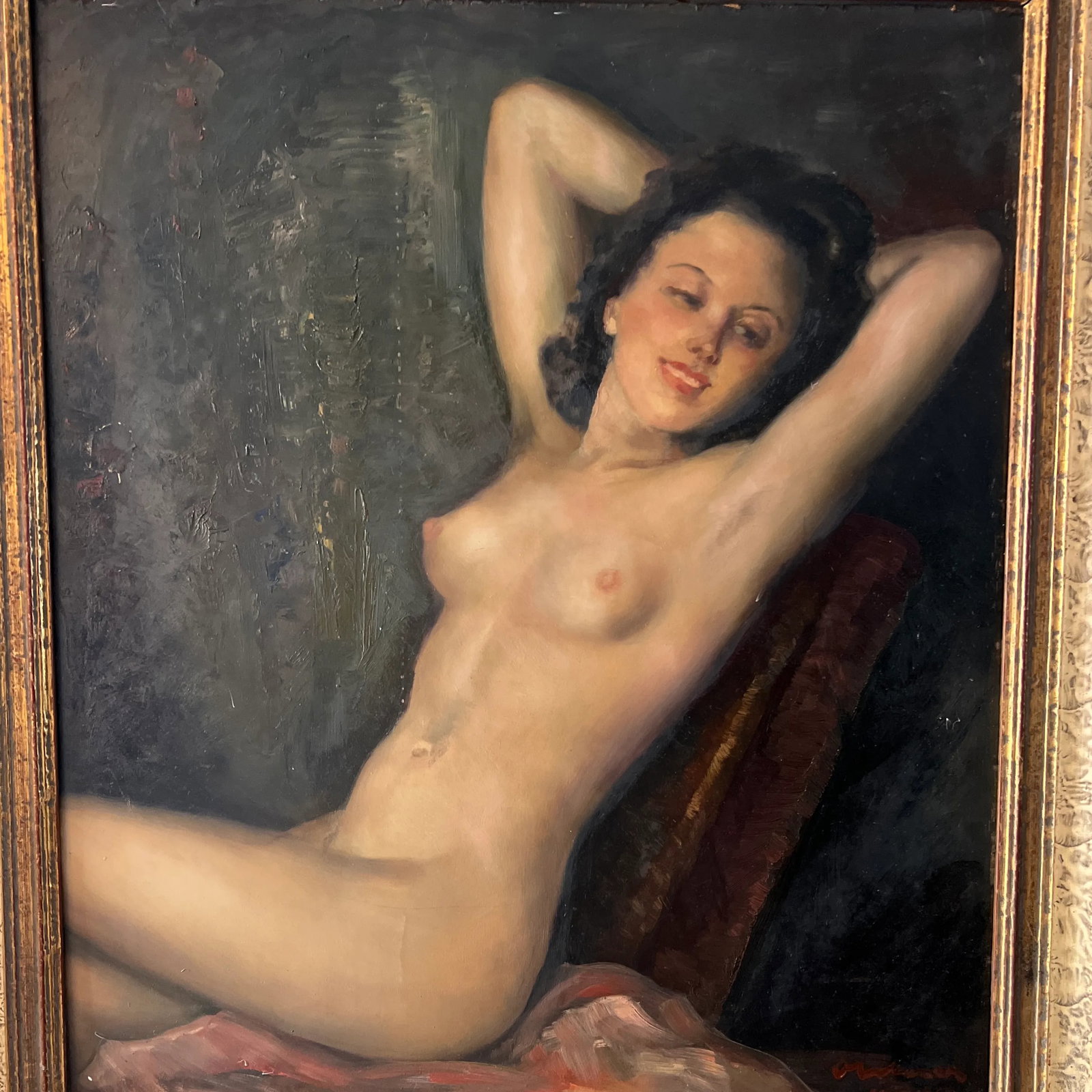 1900 German School Oil Painting on Board of a Reclining Female Nude, Framed and Signed - 2