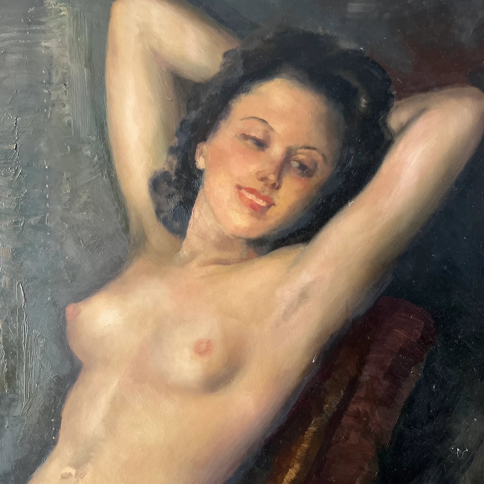 1900 German School Oil Painting on Board of a Reclining Female Nude, Framed and Signed - 3