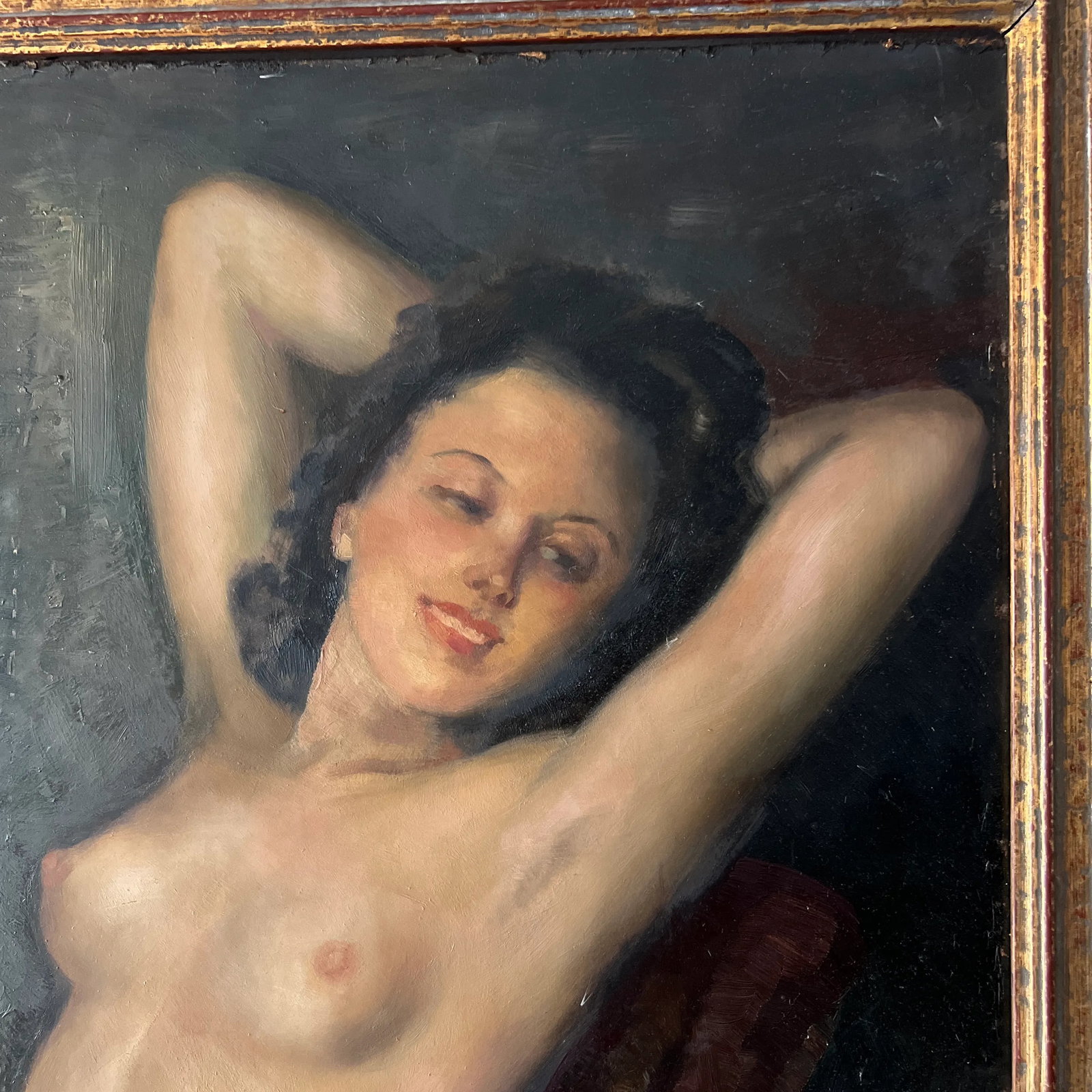 1900 German School Oil Painting on Board of a Reclining Female Nude, Framed and Signed - 6