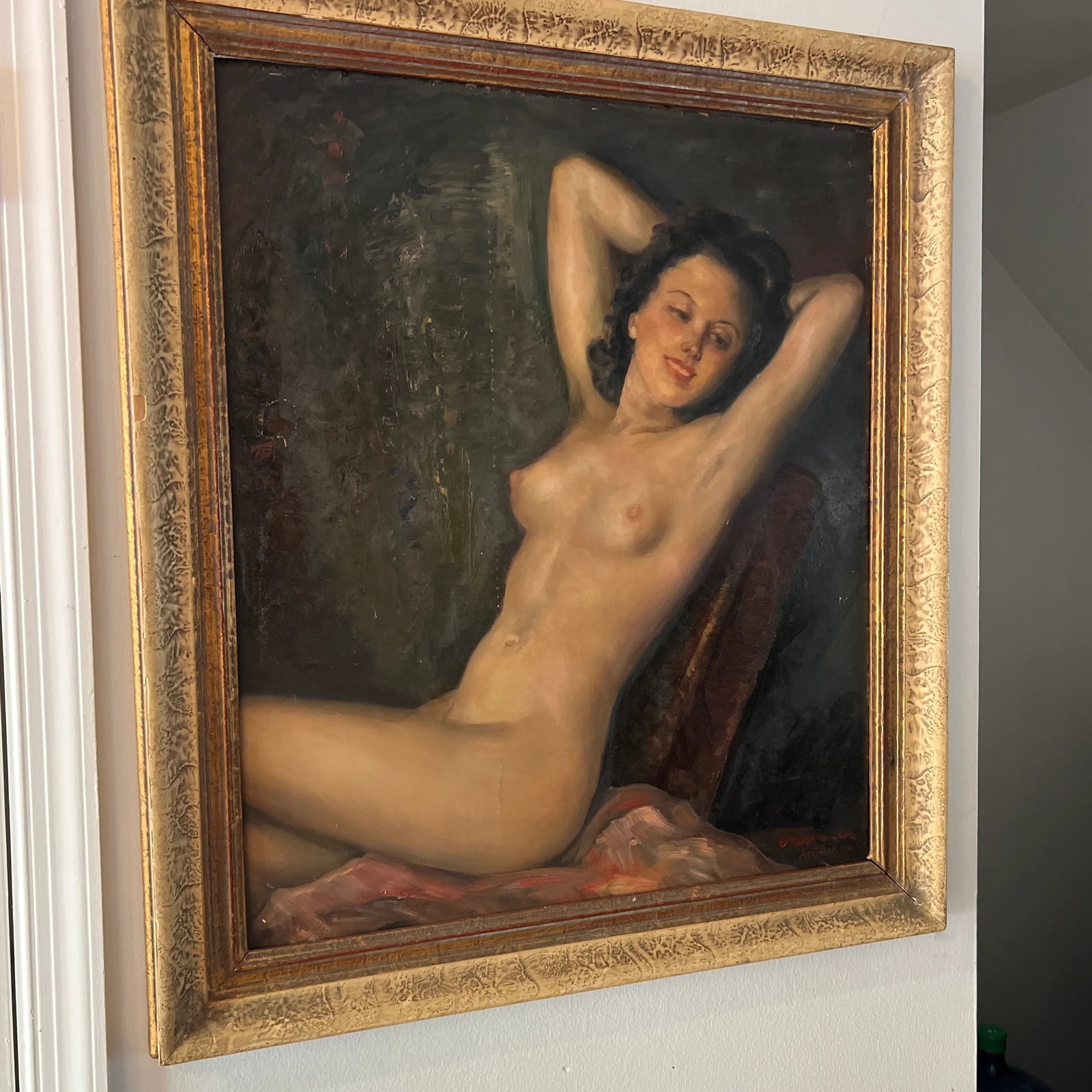 1900 German School Oil Painting on Board of a Reclining Female Nude, Framed and Signed - 7