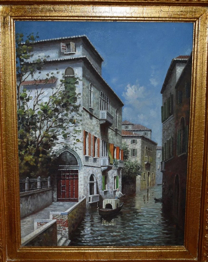 Vintage Venetain Style Oil on Canvas Painting W/Gilded Wood Frame - 2