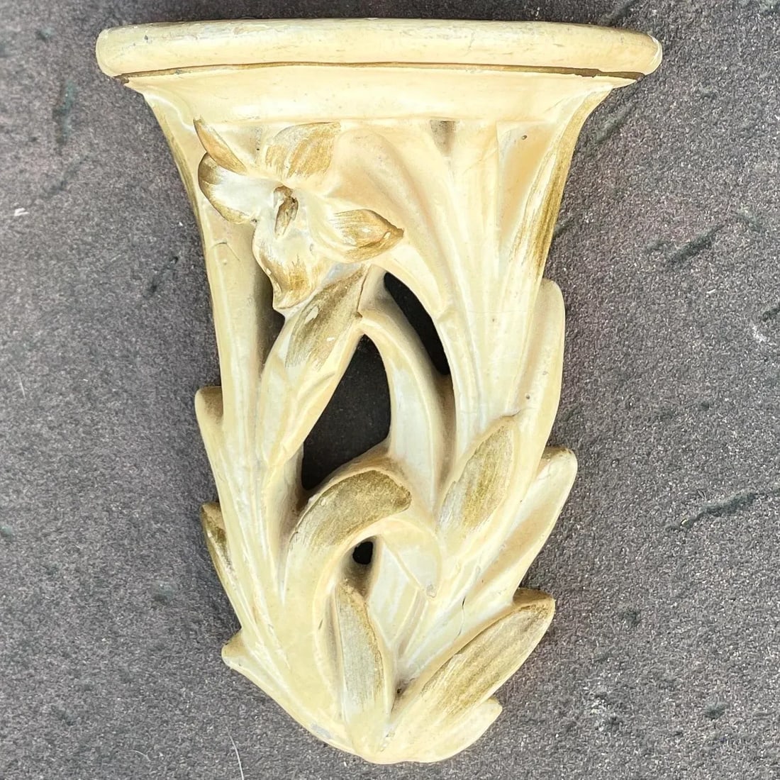Vintage Early Chalkware Wall Hanging Shelf With Iris/Lily Motif - 12