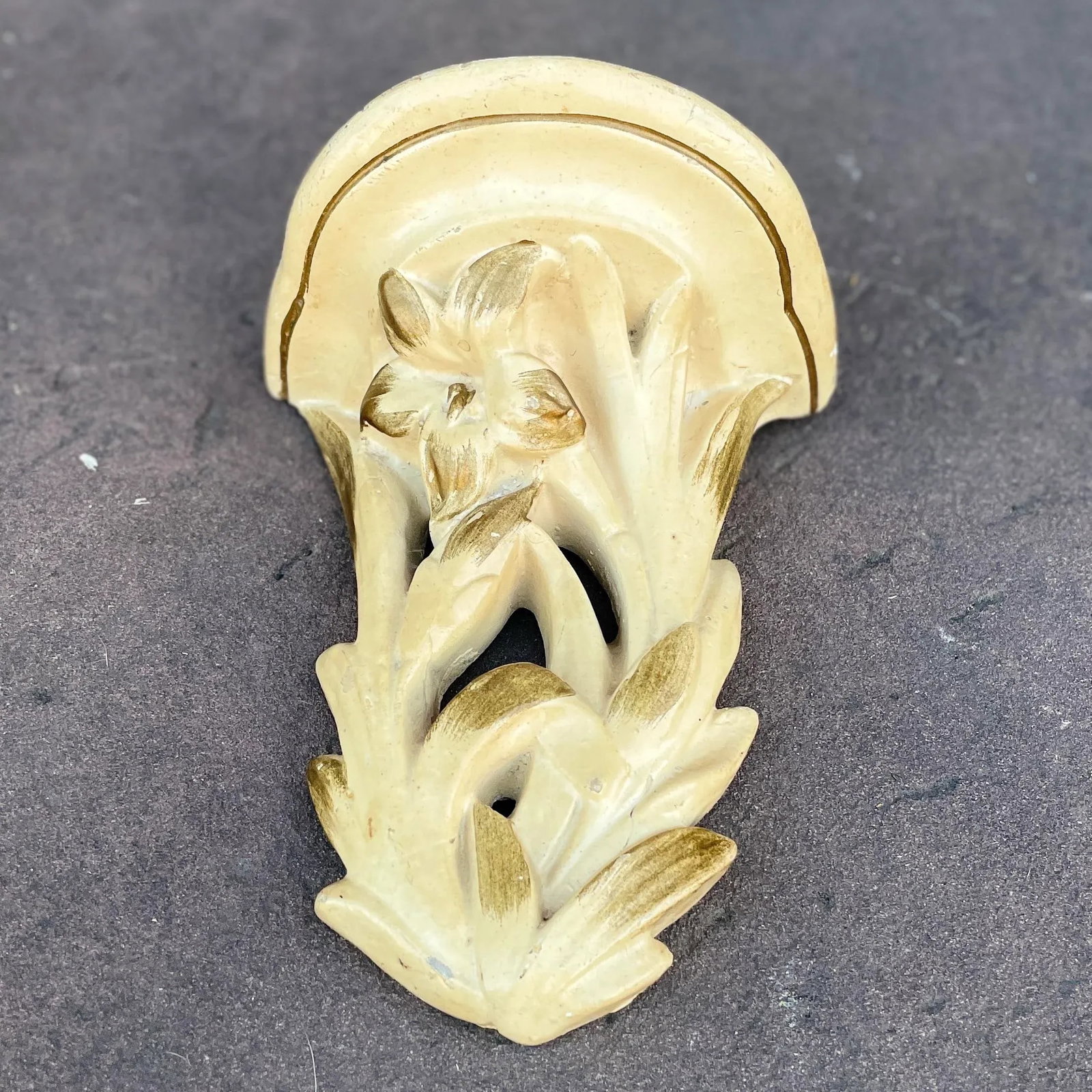 Vintage Early Chalkware Wall Hanging Shelf With Iris/Lily Motif - 3