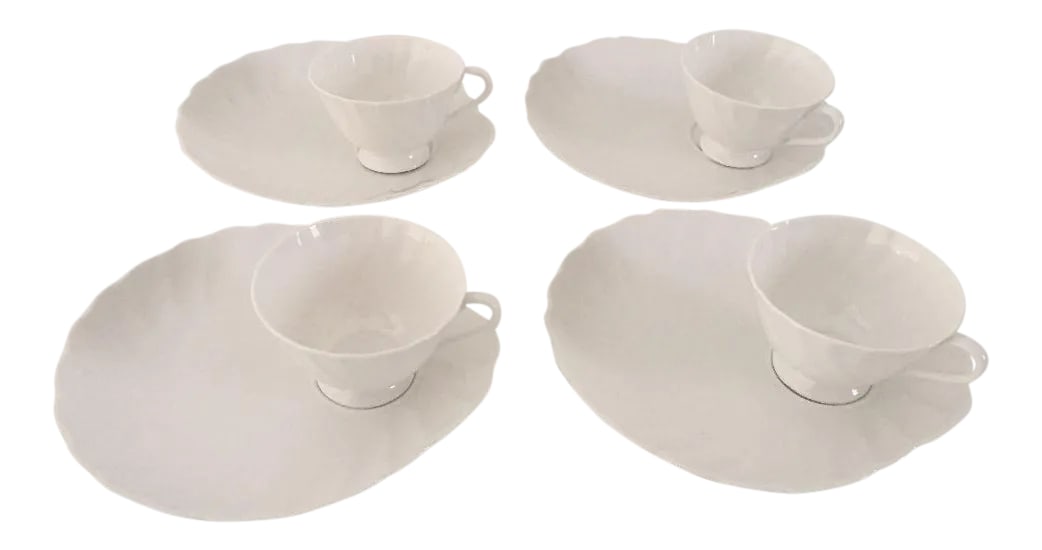 White Bone China Cups & Saucers - Set of 8: Vintage elegant bone china show white set of four snack sets, maker's mark reads, " Royal Tuscan Fine Bone China Made in England " WHITECLIFFE Pattern, in excellent condition. Plates are 8.5"D Cups