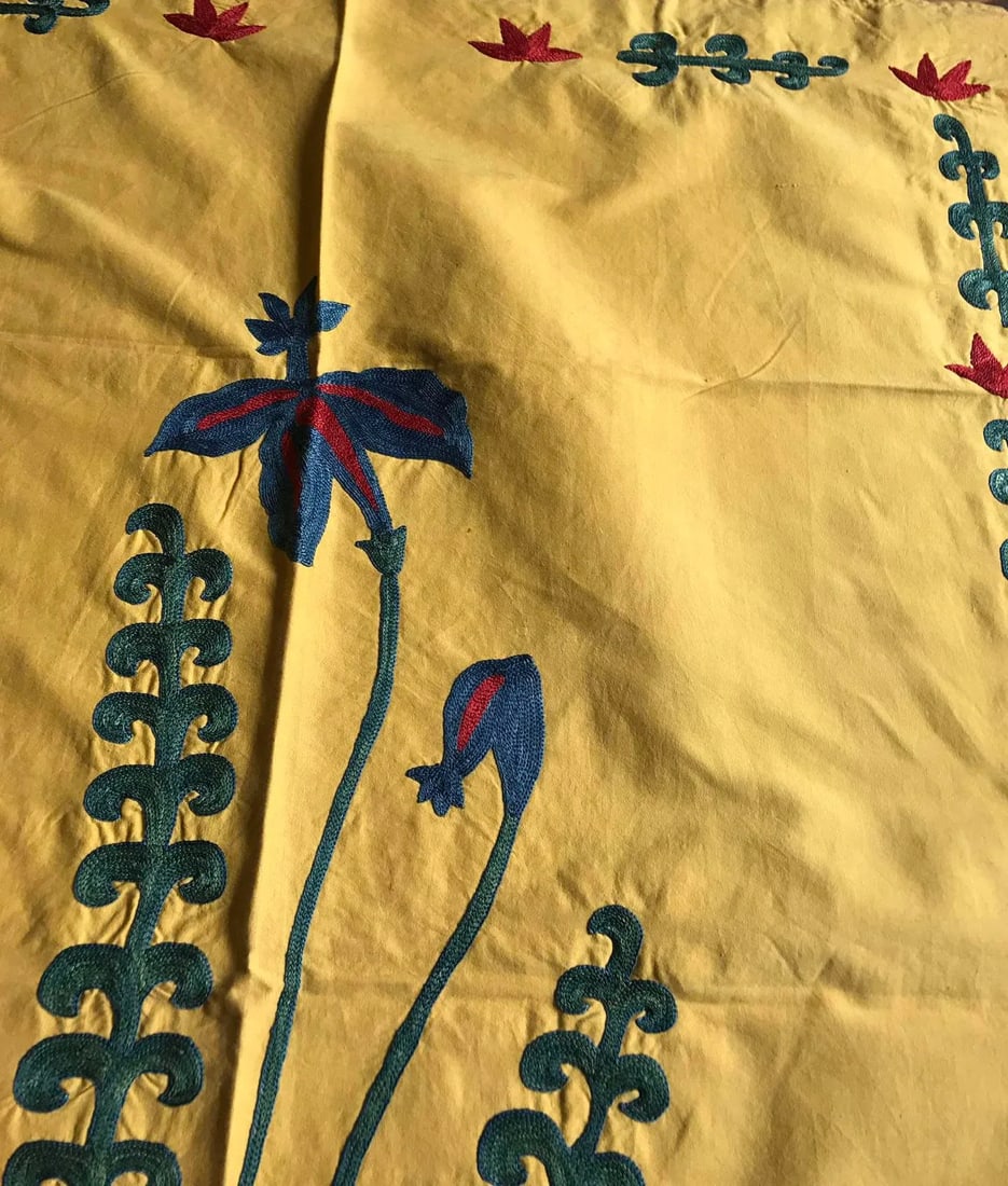 Vintage Yellow Tablecloth, Handmade Suzani Bedspread - 2