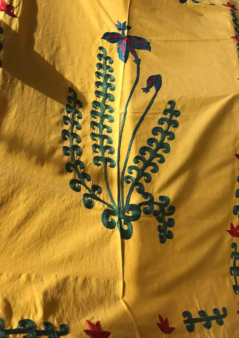Vintage Yellow Tablecloth, Handmade Suzani Bedspread - 3