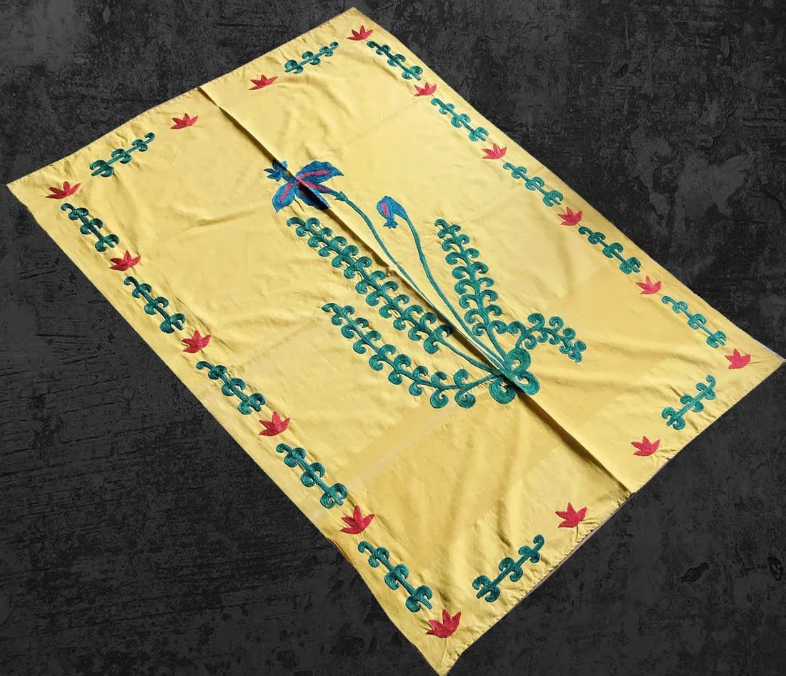 Vintage Yellow Tablecloth, Handmade Suzani Bedspread - 6