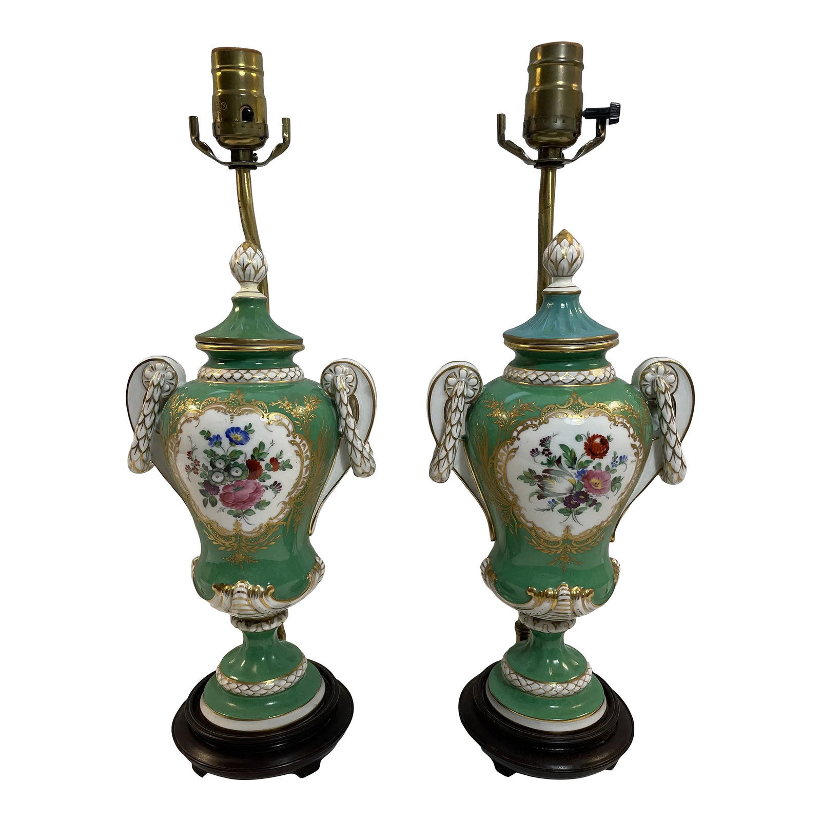 Antique Dresden Hand-Painted Lamps, a Pair: Petite Dresden Lamps have four hand-painted motifs (different on each side). Originally just tureens, they were made into lamps at some point. Believed to be early 20th century. The lids are a bit dif