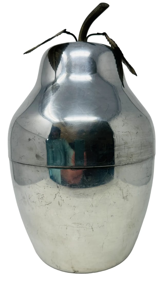 Vintage Italian Stainless Steel Pear Shaped Ice Bucket With Leaf Handle Made in Italy - 11