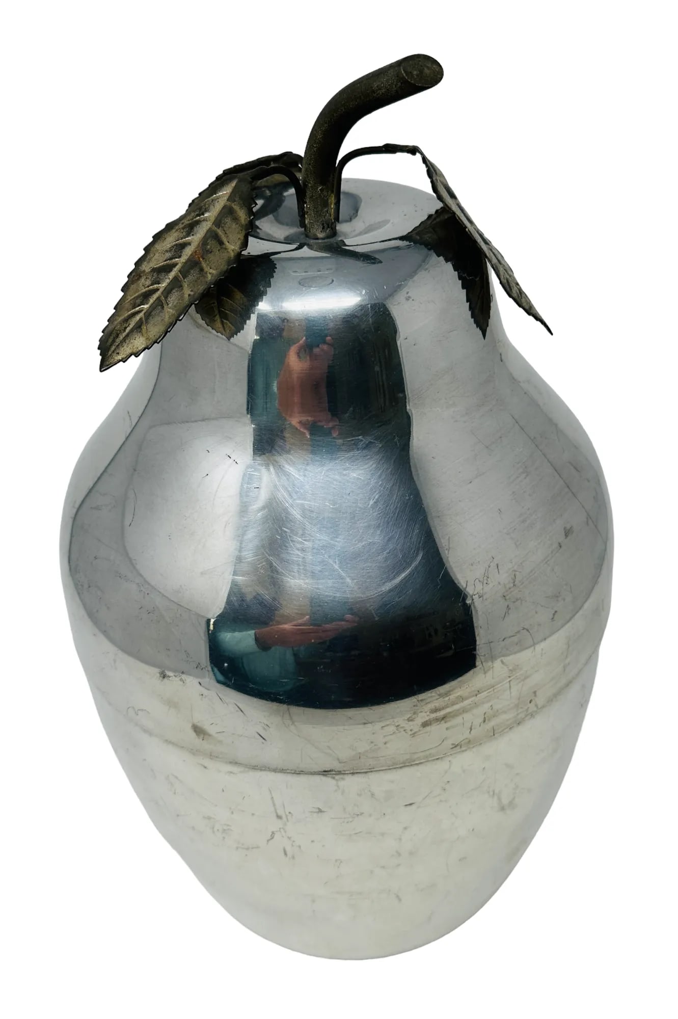 Vintage Italian Stainless Steel Pear Shaped Ice Bucket With Leaf Handle Made in Italy - 2