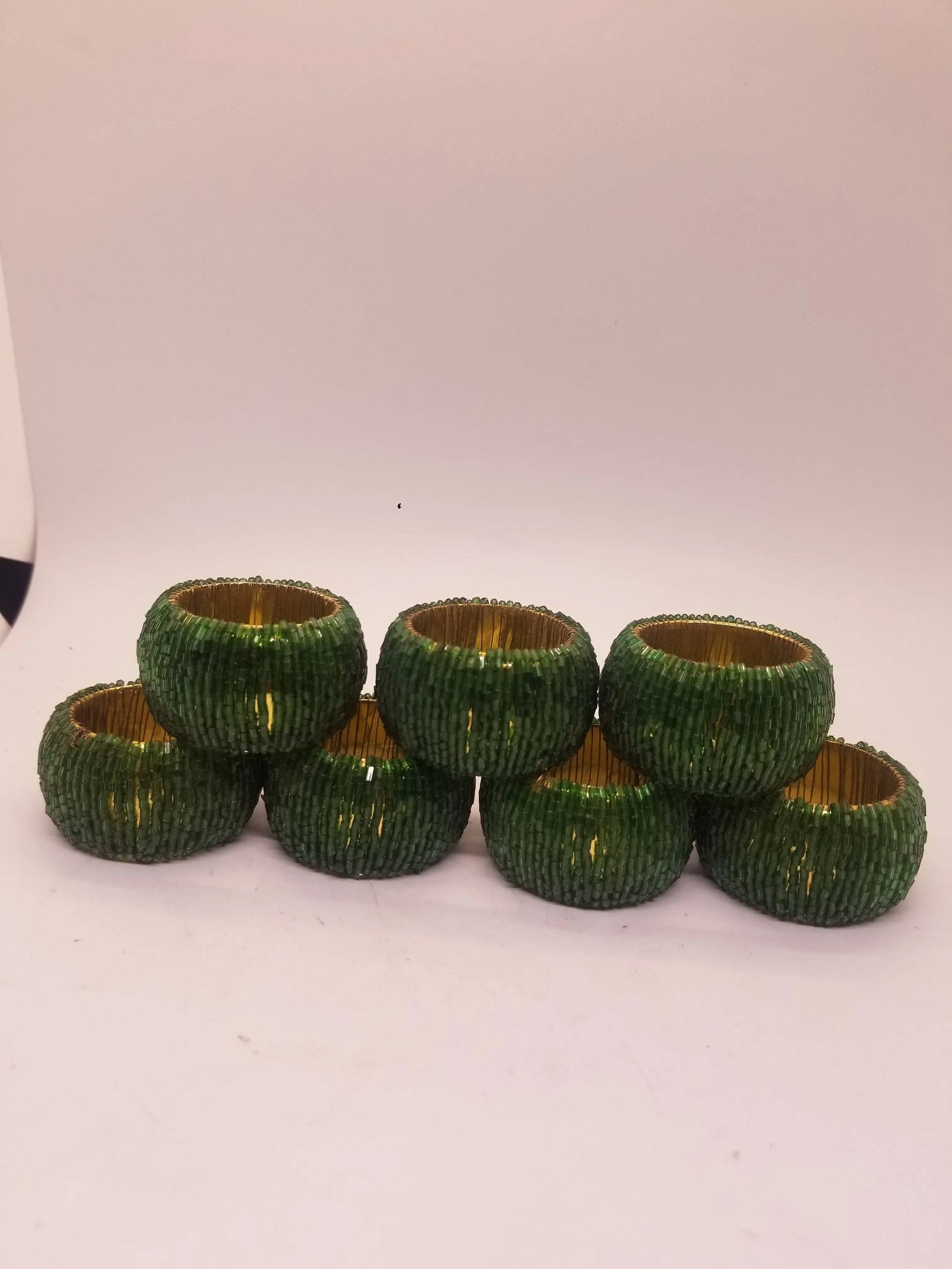 Vintage Beaded Emerald Napkin Rings Set of Seven - 3