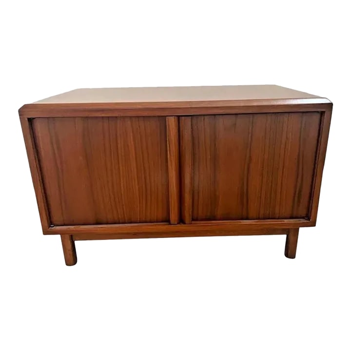 1960s Mid Century Modern Magazine Record Cabinet Coffee Table Push Double Doors: Gorgeous Rare Mid Century Modern Small Credenza Cabinet Coffee table made by Motif Inc, 19" Tall x 30" wide x 18" deep. Very Good structural condition, Original Patina. High End craftsman