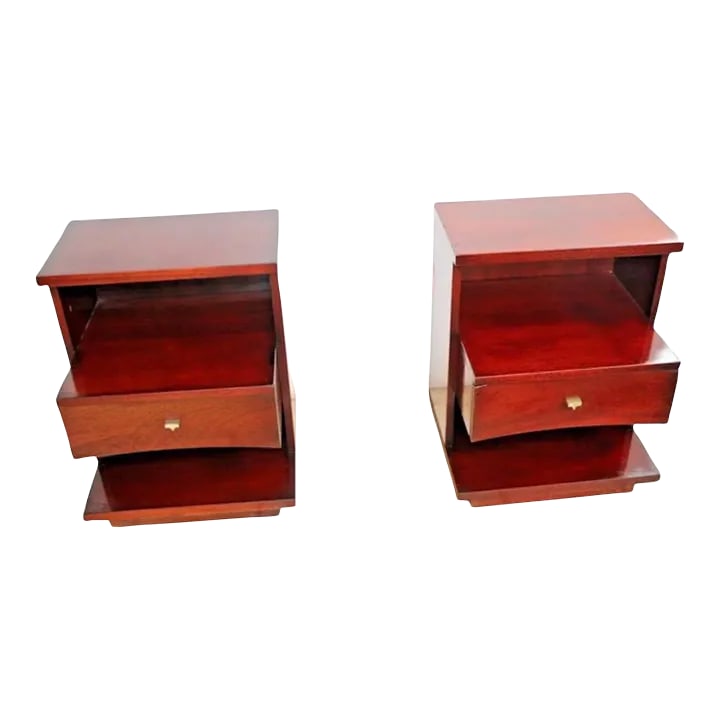 1950s Three Tier Kent Coffey the Sovereign Nightstands with Middle Drawer - a Pair: Very Rare Kent Coffey Mid Century three tiered matching end Tables nightstands with middle drawer storage. 25" Tall X 26" Deep X 20" Wide Very Good Vintage condition. High End Quality construction, Or