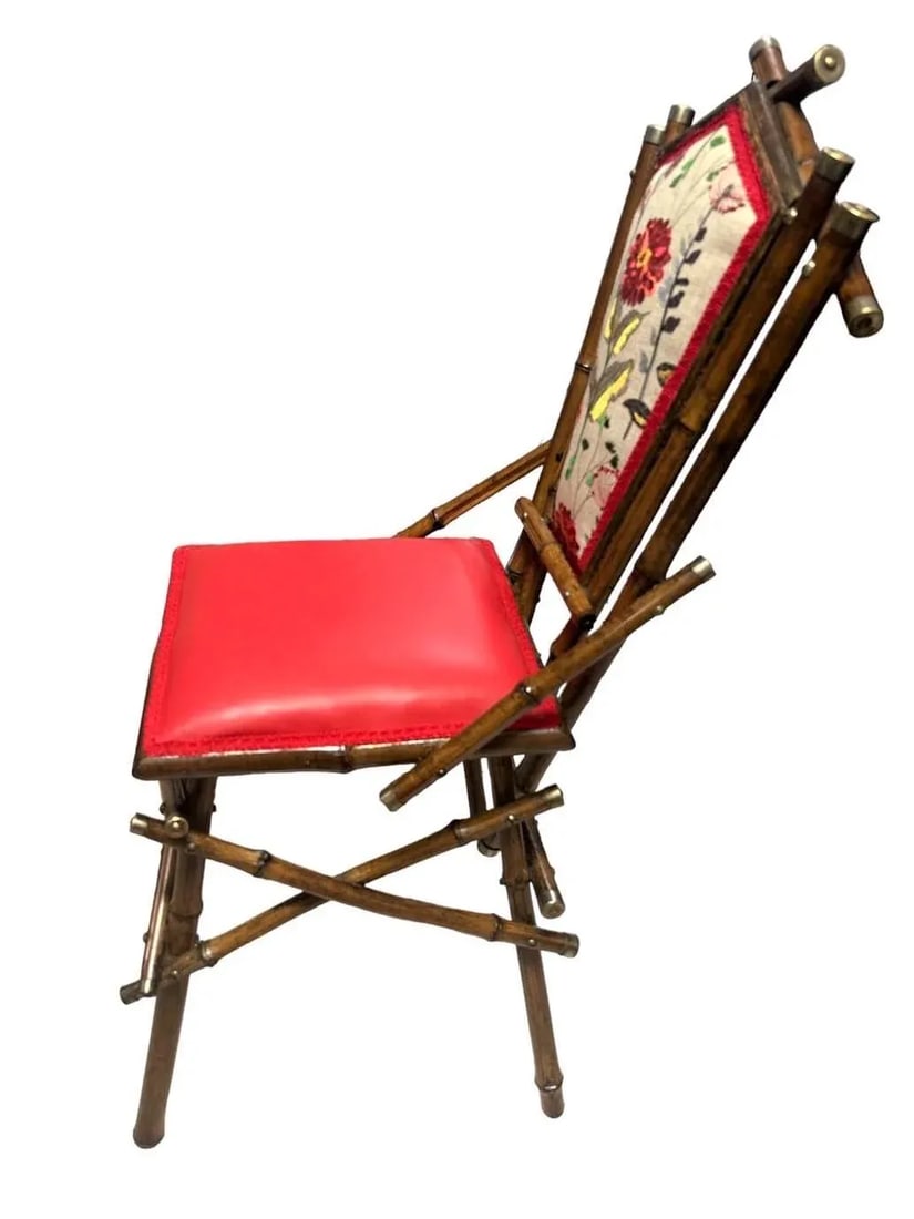 Antique Anglo-Indian Bamboo Campaign Chair With New Leather and Embroidered Upholstery - Late 19th C - 2