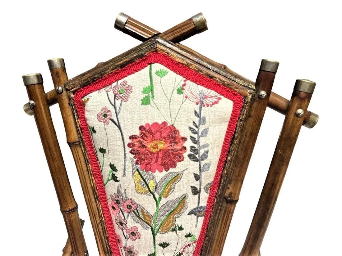 Antique Anglo-Indian Bamboo Campaign Chair With New Leather and Embroidered Upholstery - Late 19th C - 3