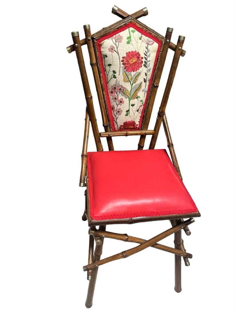 Antique Anglo-Indian Bamboo Campaign Chair With New Leather and Embroidered Upholstery - Late 19th C - 5