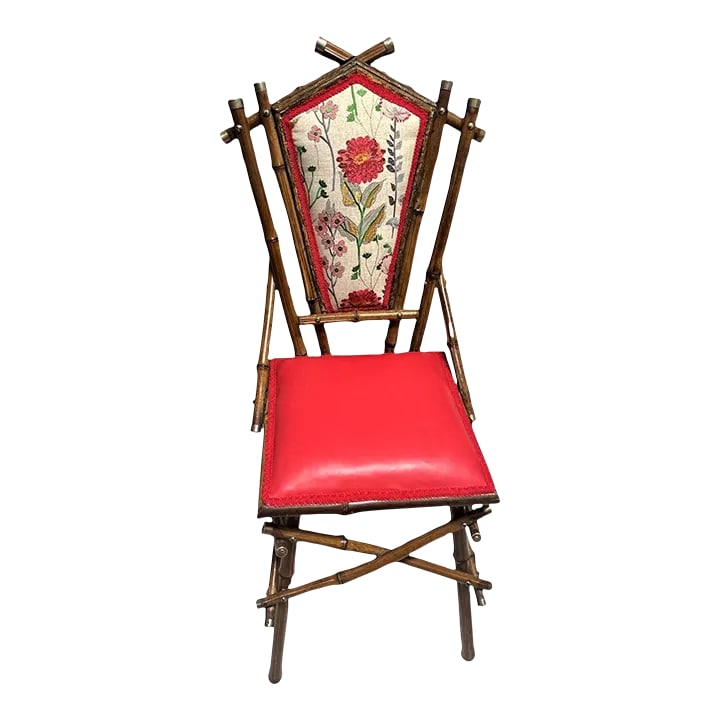 Antique Anglo-Indian Bamboo Campaign Chair With New Leather and Embroidered Upholstery - Late 19th C - 7