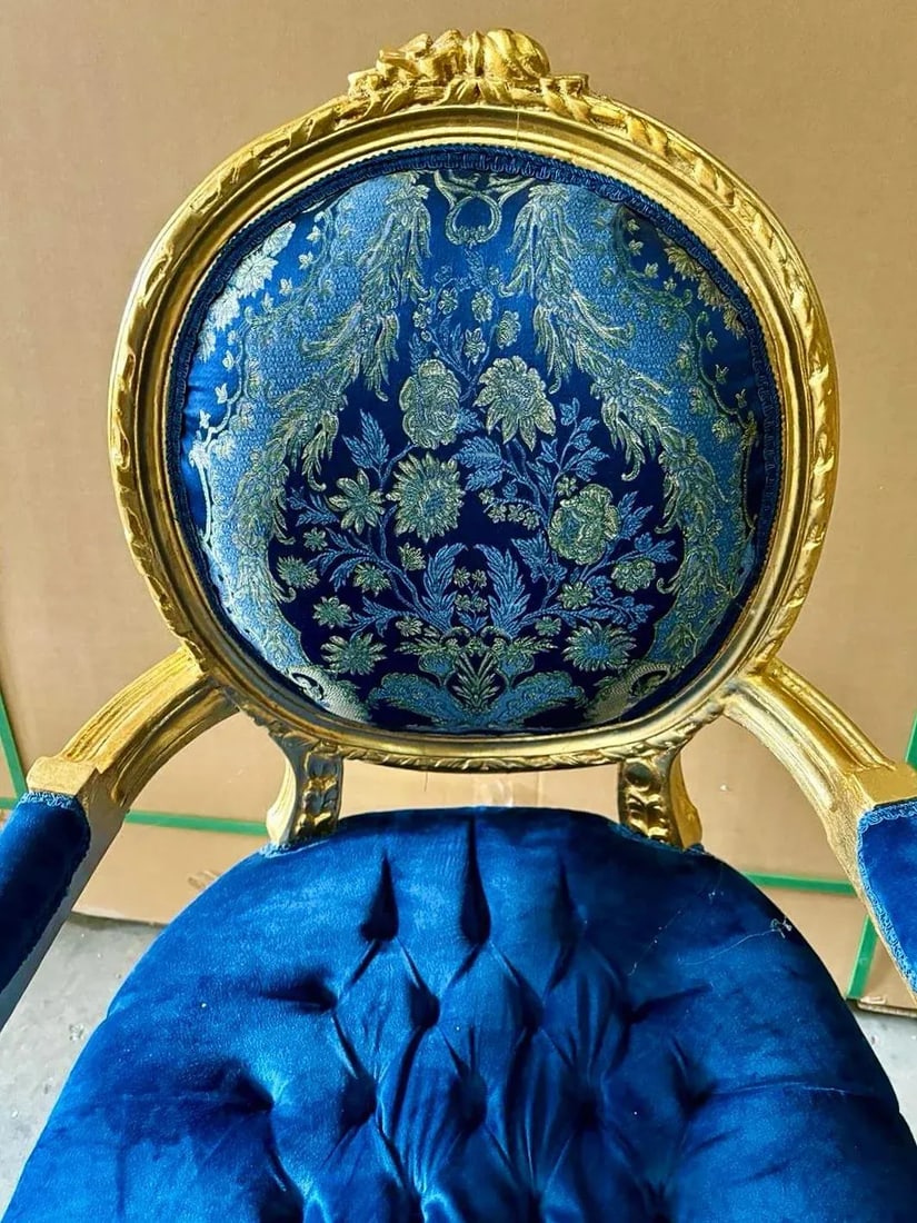 French Rococo Style Blue Velvet Chair With Gold Details - 2